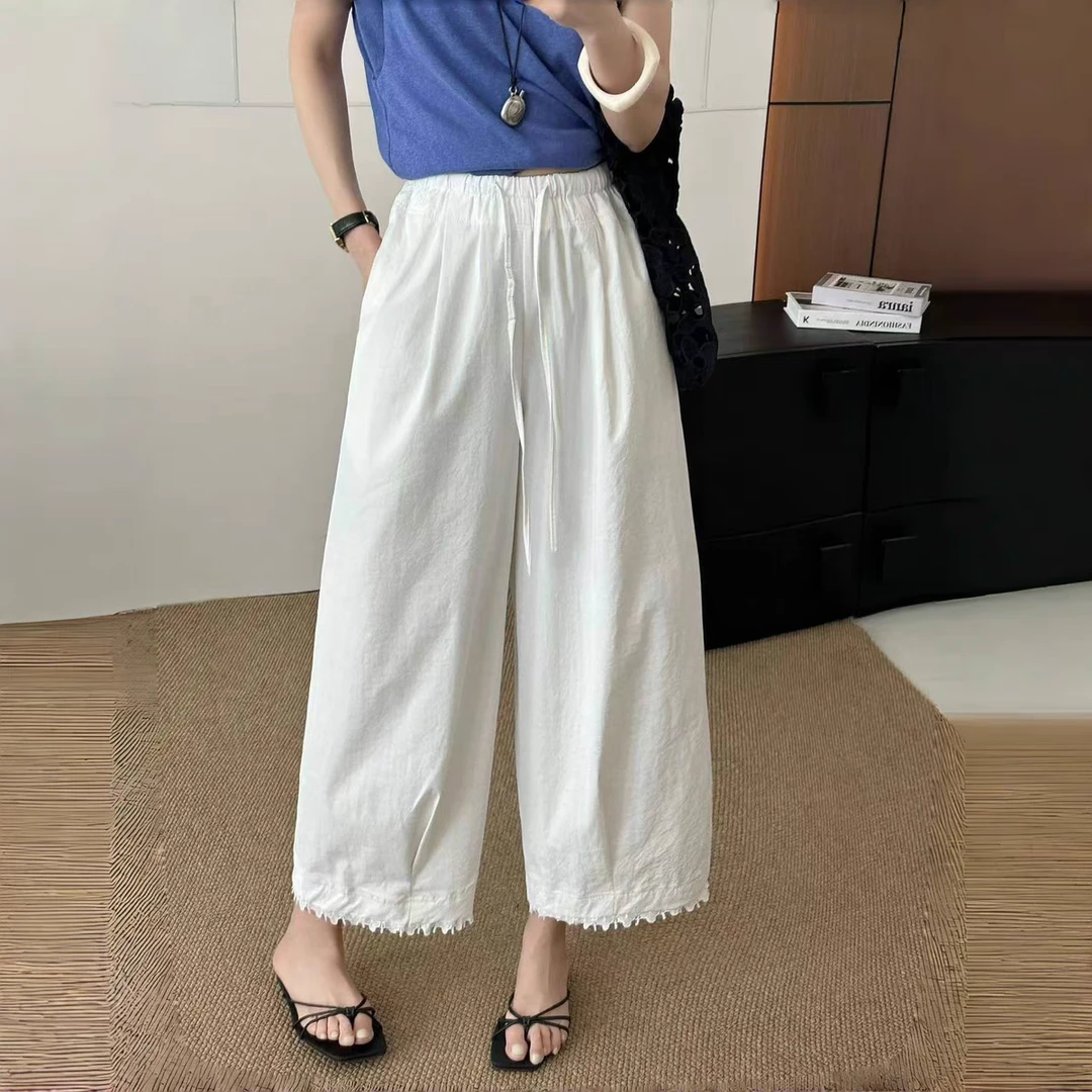 8560夏季新款高腰纯色裤脚拼蕾丝直筒休闲裤女阔腿宽松裤