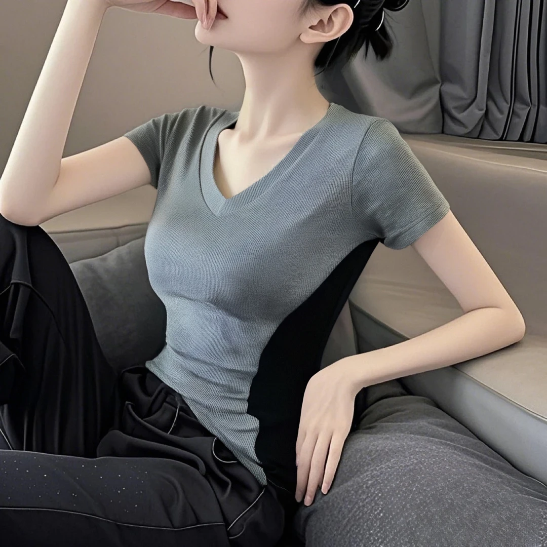 2025新款弹力V领拼色短袖T恤女春夏修身低领打底衫内搭收腰上衣服