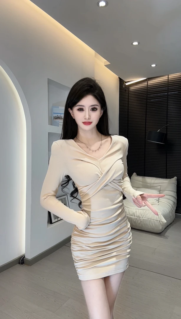 【Lucky推荐】春季交叉辣妹纯欲显瘦长袖收腰修身气质包臀裙60069