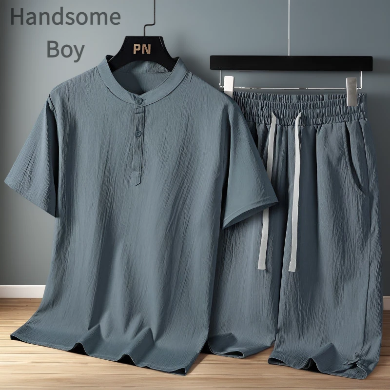 休闲秋季宽松薄款大码男士男装中国风棉麻冰丝中老年两件套秋季男