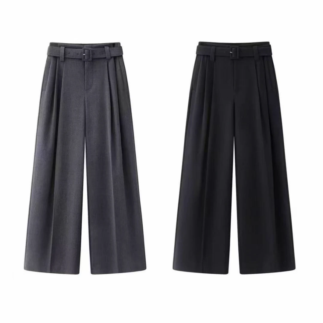 艾家2026春季新款黑色腰带高腰阔腿裤垂感休闲裤长裤女1161/1160