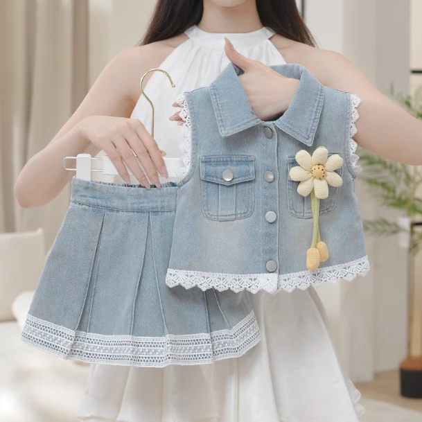 2025夏季新款女童洋气花朵无袖蕾丝牛仔上衣短裙两件套S17352