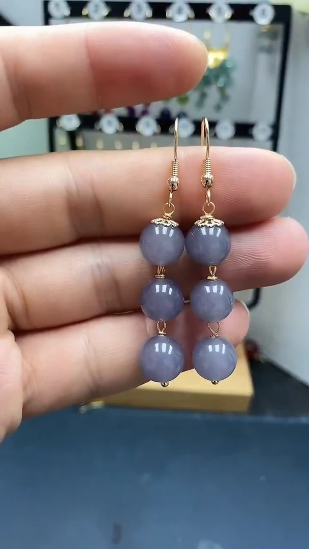 银S925镀金镶嵌和田玉耳饰尺寸10mm烟紫连珠