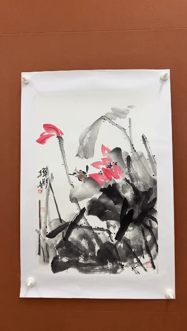 国画李文峰四尺三开泼彩荷花