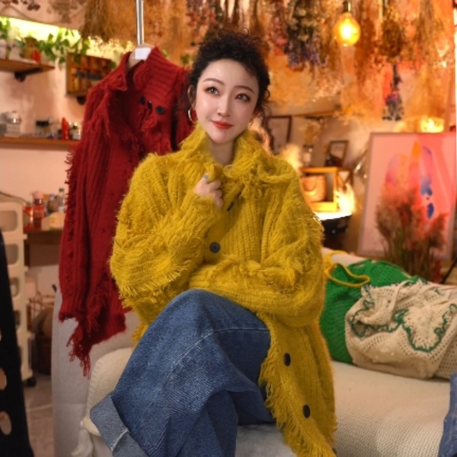 AOSER T 时尚设计保暖开衫款流苏女慵懒风毛衣外套百搭高领2549
