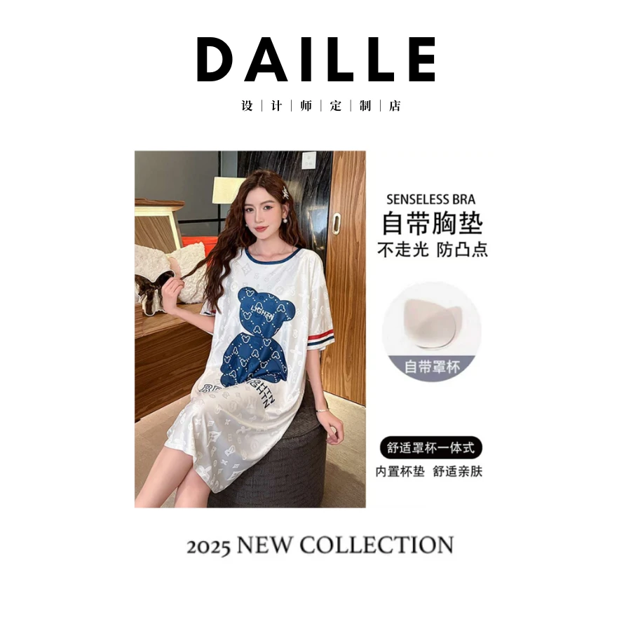 设计款小熊提花针织冰丝睡裙带胸垫2025夏家印花居服舒适