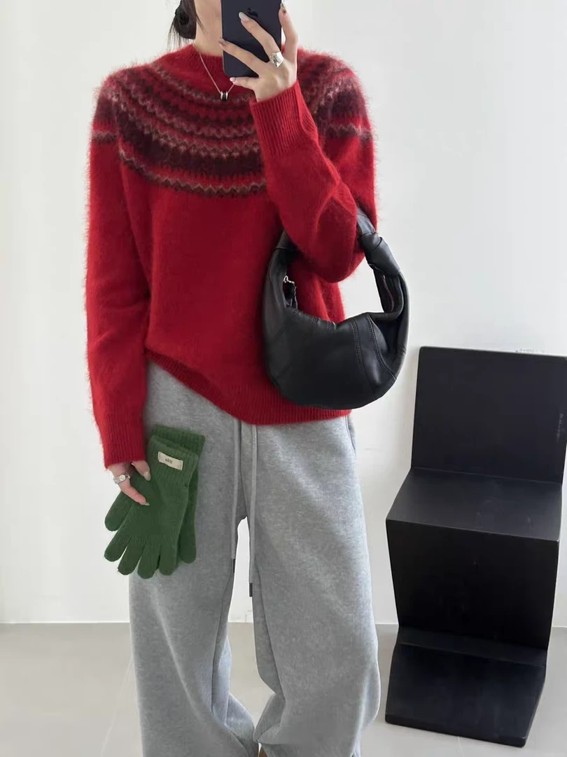 2025冬拉绒费尔岛圆领针织毛衣新款长袖打底内搭上衣