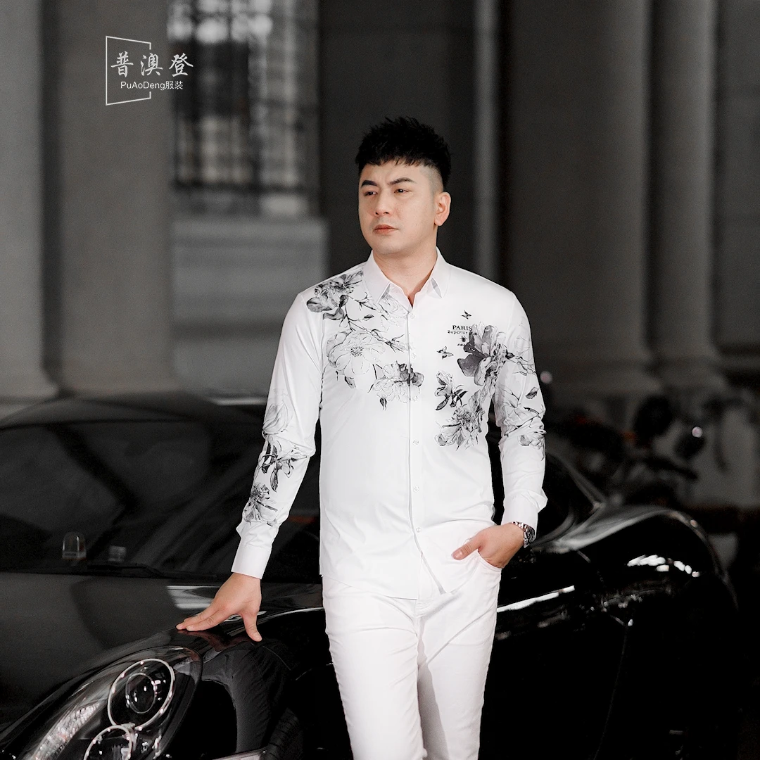 2025春季新款复古时尚潮流百搭修身植物花卉烫钻男士休闲长袖衬衫