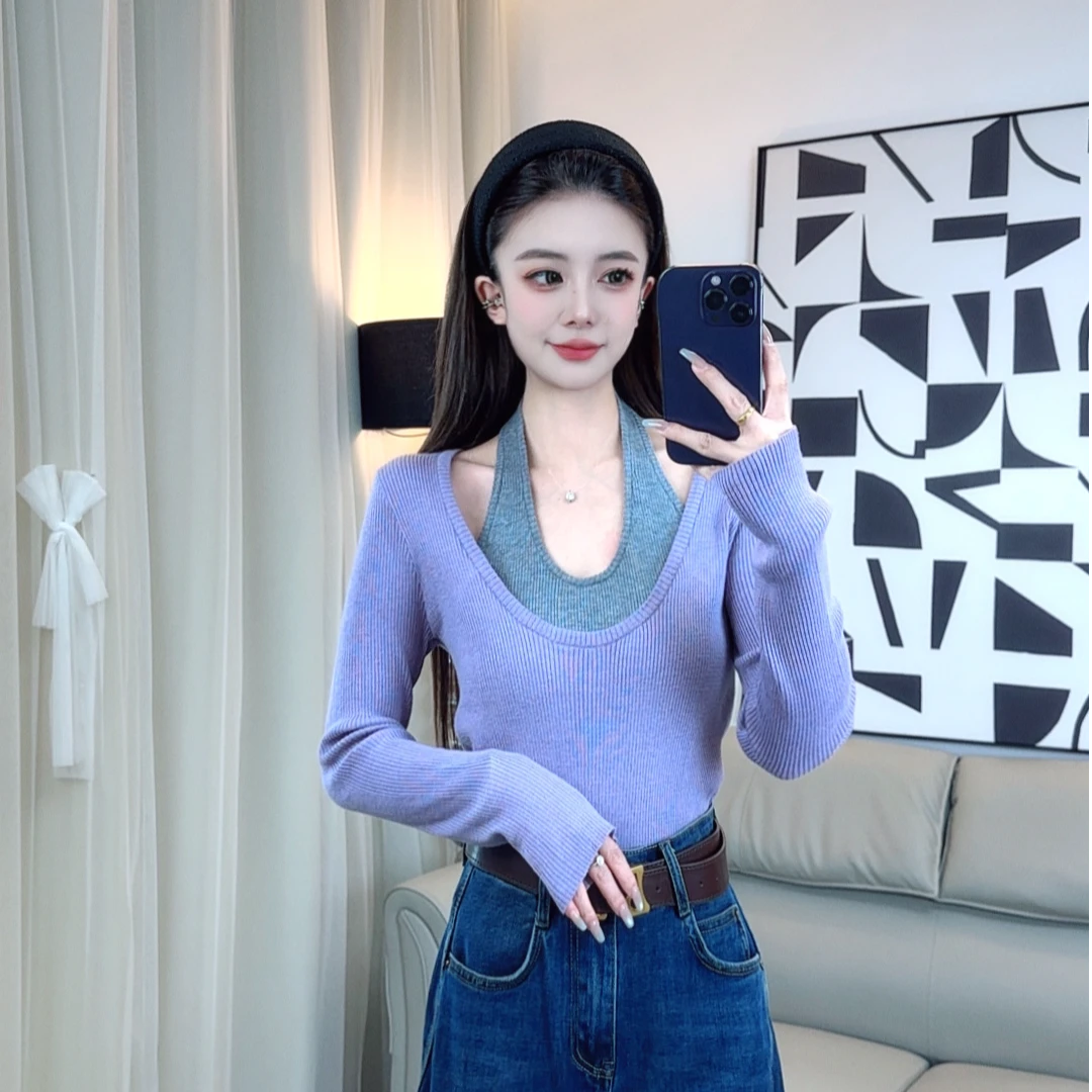 修身型打底衫毛针织衫秋季假两件款针气质显瘦设计感上衣