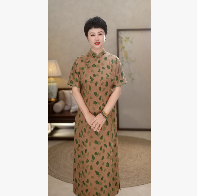 【100%桑蚕丝红云纱】新中式提花透孔花萝连袖复古开叉旗袍T12-6