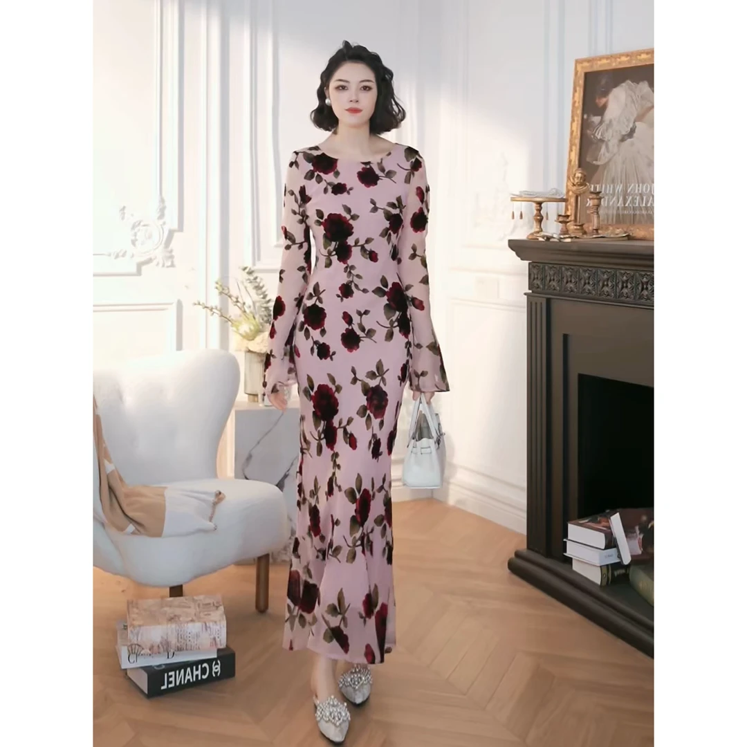XUANYAN 优雅风长款烧花斜裁显瘦女人味连衣裙
