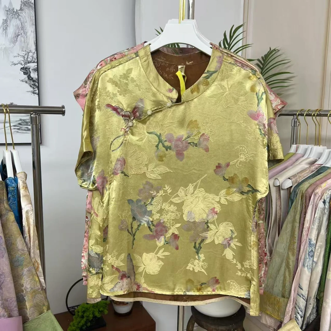 625【金百合】国风新中式夏季时尚高级 提花女式斜襟短袖小衫