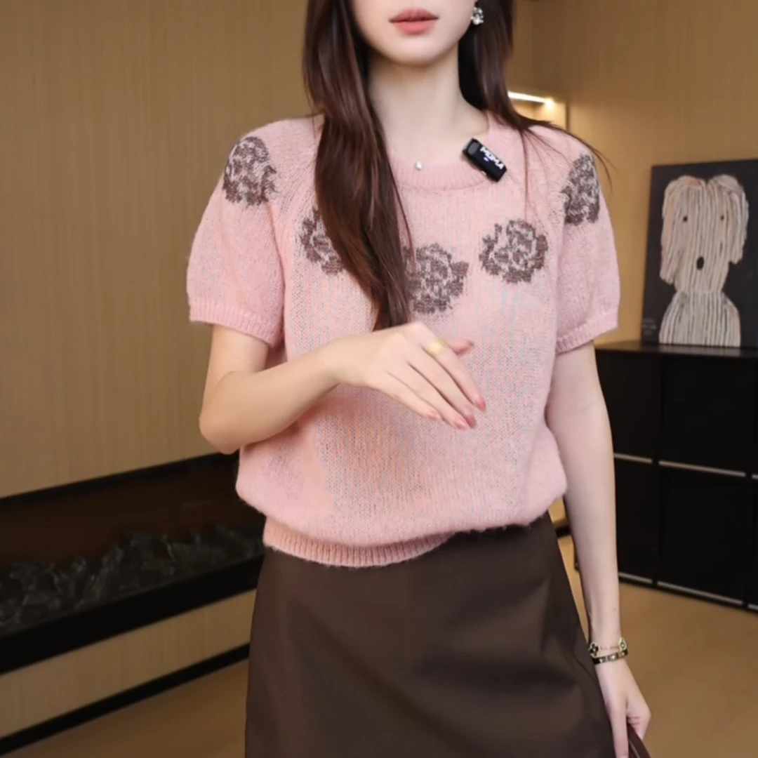 【假日花絮】2025秋季新复古提花蔷薇短袖针织衫内搭上衣LK2506332