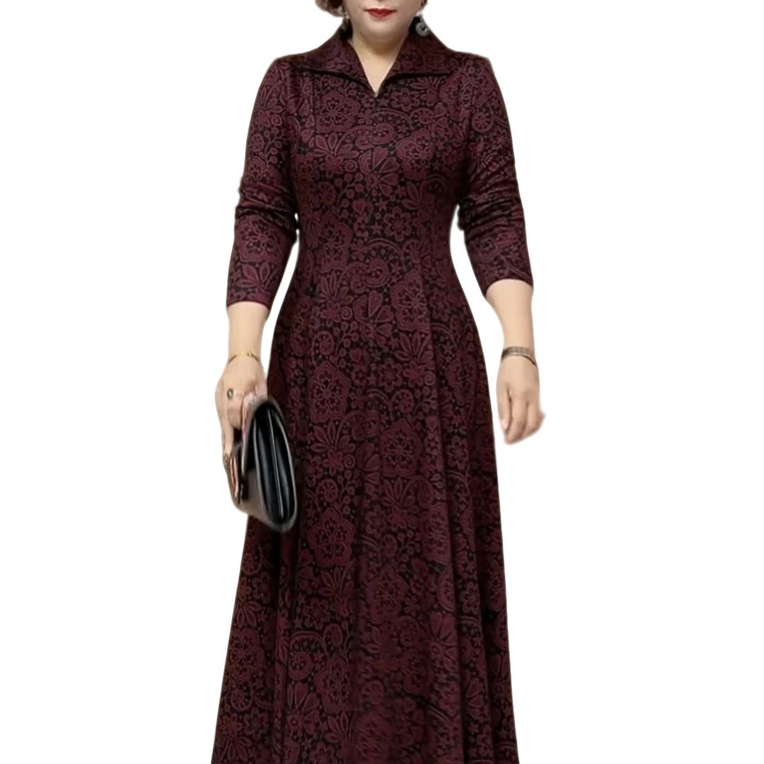 秋季高档弹力修身显瘦大码过膝翻领小扣妈妈长裙