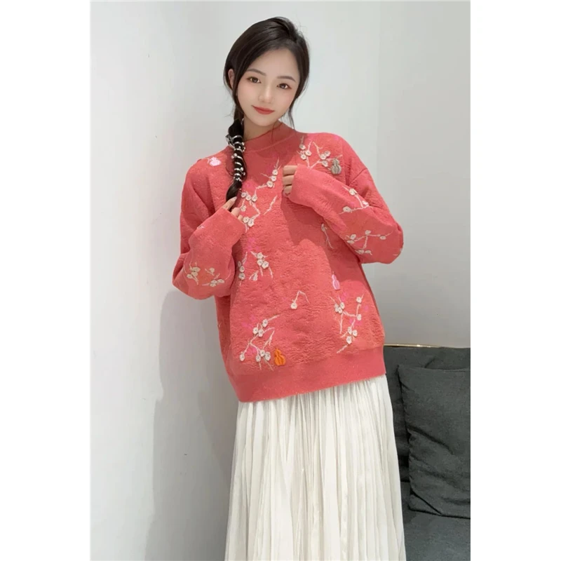 现货2025春季甜美风宽松撞色花朵刺绣中国风福禄生花刺绣毛针织衫