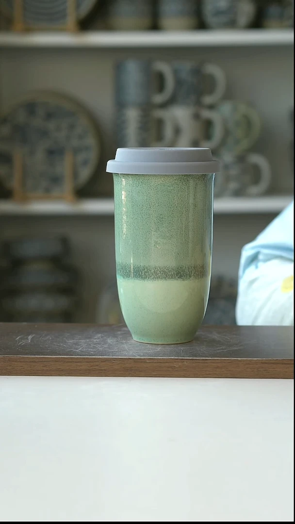 陶窑变抹茶绿带盖随身杯420ml@4-2@微瑕