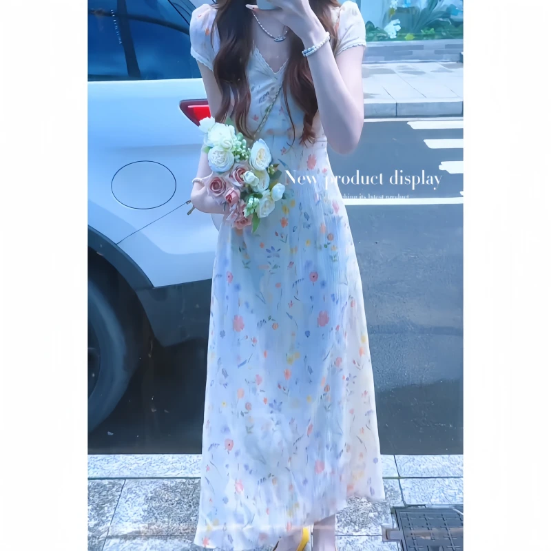 秋季胖mm时尚风法式碎花裙中长款少女风高腰收腰显瘦遮肉肉连衣裙