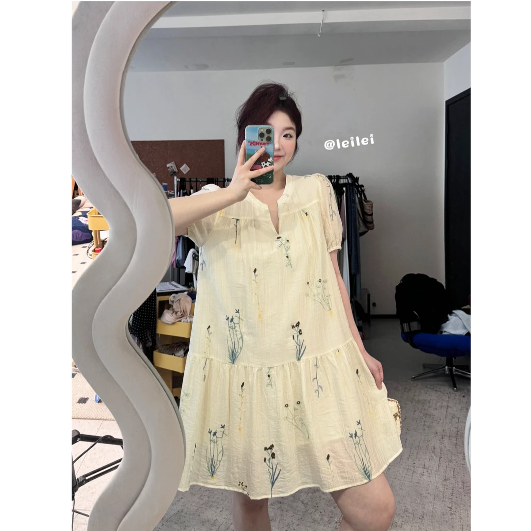 晶咕【锦瑟华年】法式复古刺绣图案宽松长短版短袖连衣裙