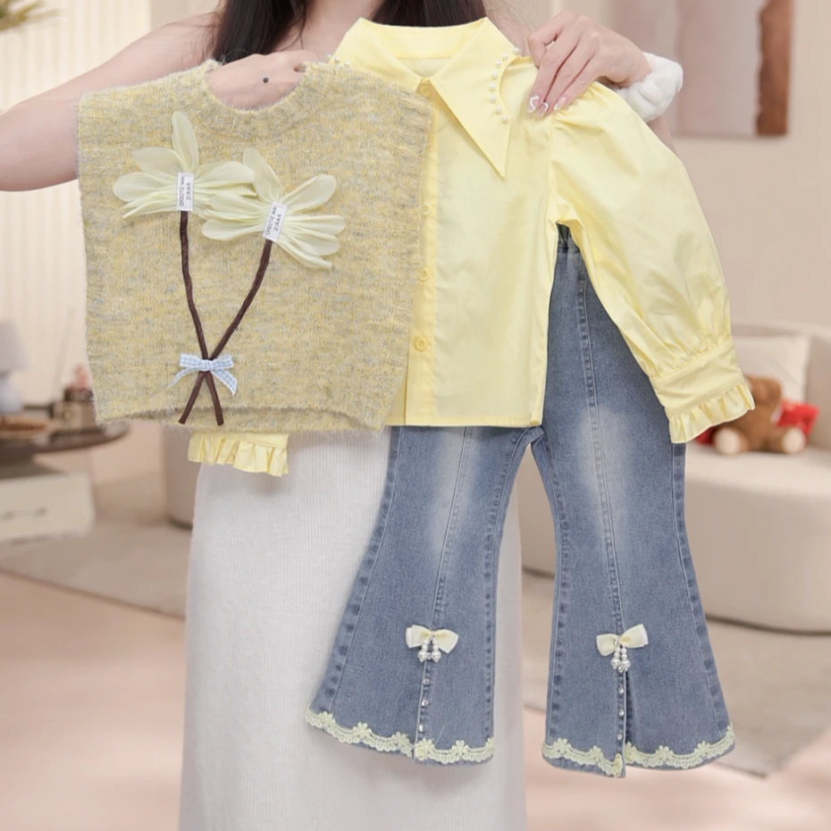 【姜熙】女童秋季欧若风套头少女风春秋套装女孩马甲三件套QD50127