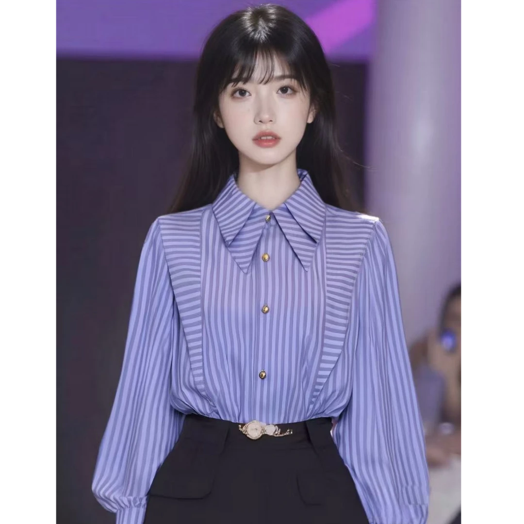 6615蓝色条纹衬衫女春季长袖衬衣气质上衣