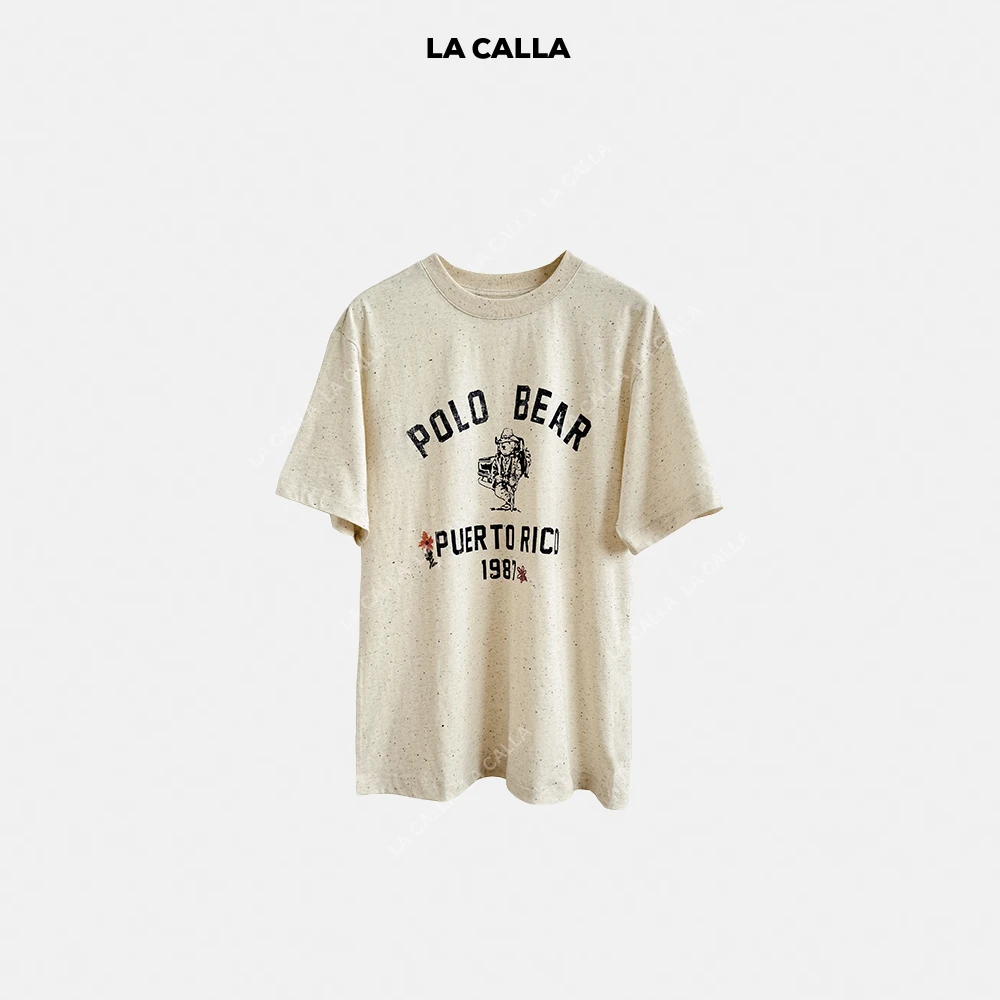 LA CALLA彩绣小熊设计师复古时尚印花刺绣舒适T恤NF007
