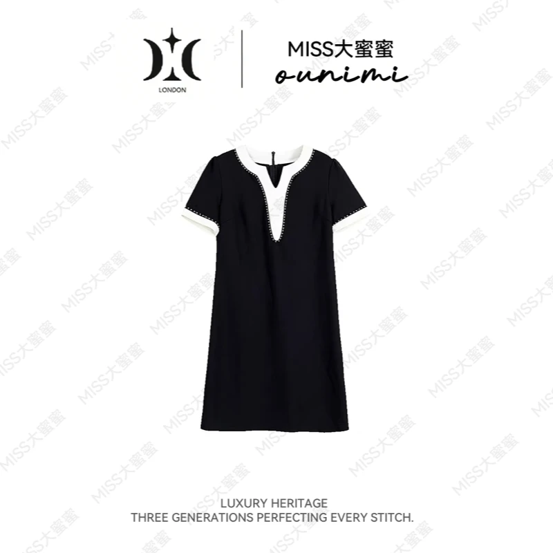 欧倪蜜 OUNIMI 【赫本夜宴】醋酸高级感钉珠撞色中长款连衣裙L-1276