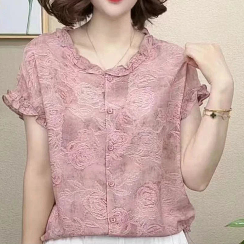 2025夏季新款时尚宽松显瘦衬衫女洋气减龄妈妈装短袖开衫气质上衣