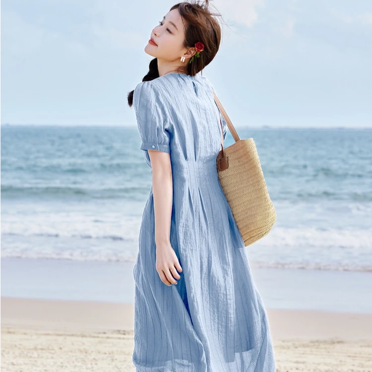 品哥弟新夏季新款镂空气质收腰显瘦法式中长款A字女连衣裙