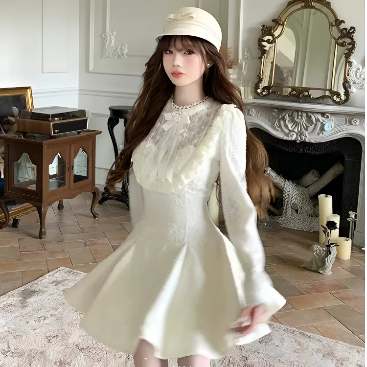 微胖法式千金风双色小香风拼接重工针织蕾丝收腰连衣裙10256