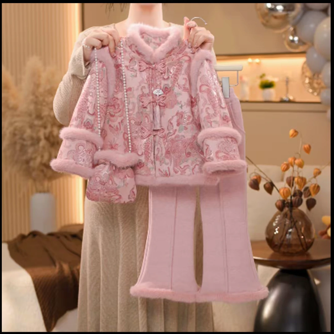 女童新中式棉服加绒喇叭裤套装冬装2025新款国风提花棉袄拜年服潮