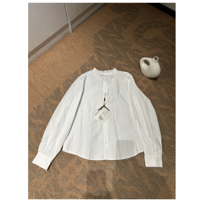 JIUJIU【浪漫巴黎】时尚百搭气质花边宽松长袖白色衬衫上衣女