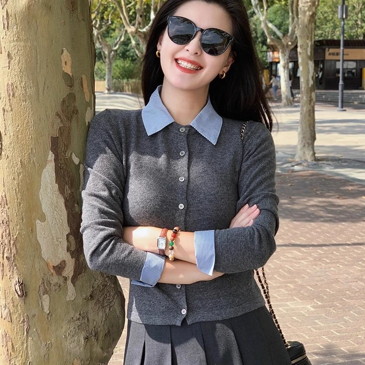 法式短款灰色圆领长袖针织开衫女外搭秋冬气质高级感毛衣外套上衣