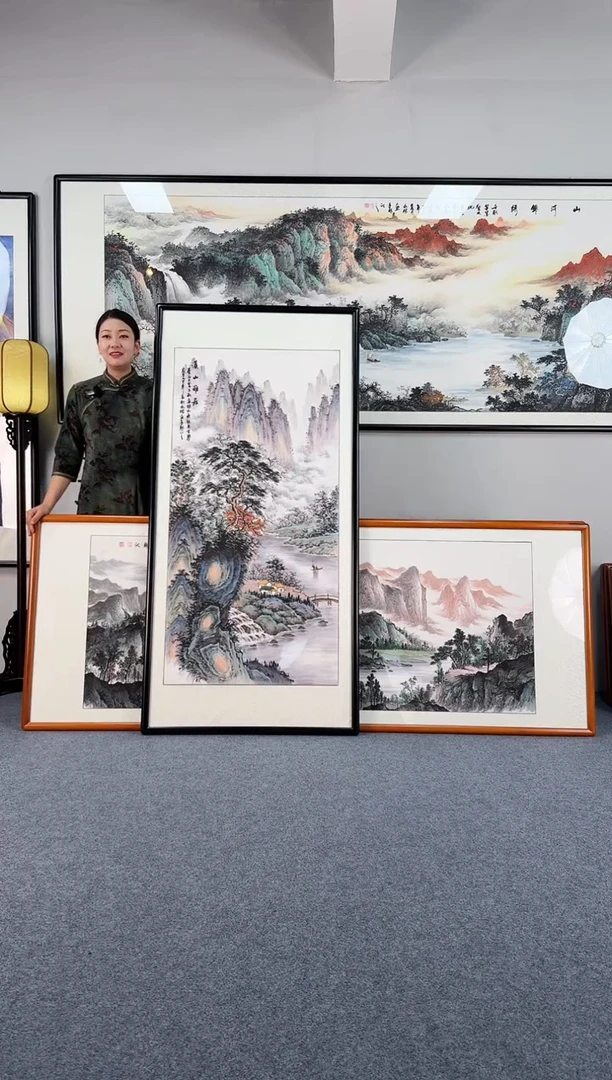 国画溪山雅居配对联带框