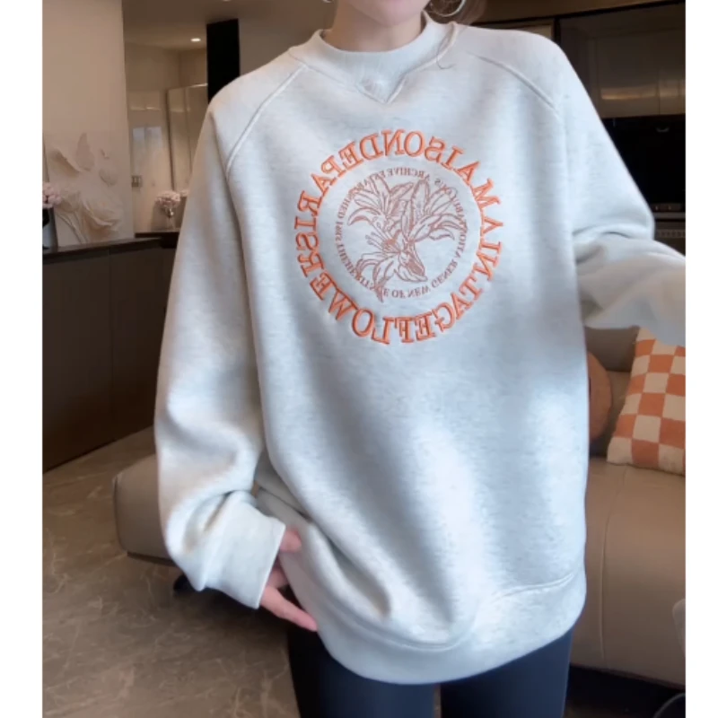 【百合花】加绒加厚中长款圆领刺绣宽松卫衣LK2508226