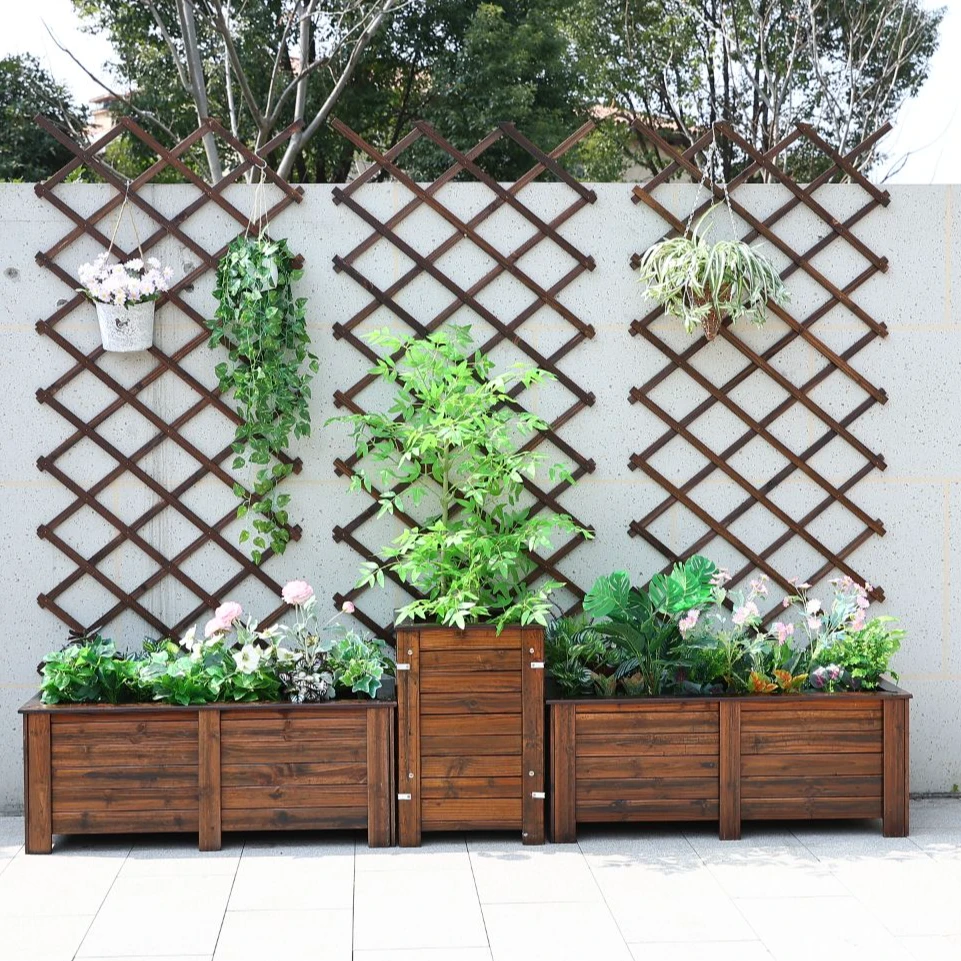 木栅栏隔断伸缩木拉网木篱笆围栏拉伸网格墙面碳化防腐木爬藤月季