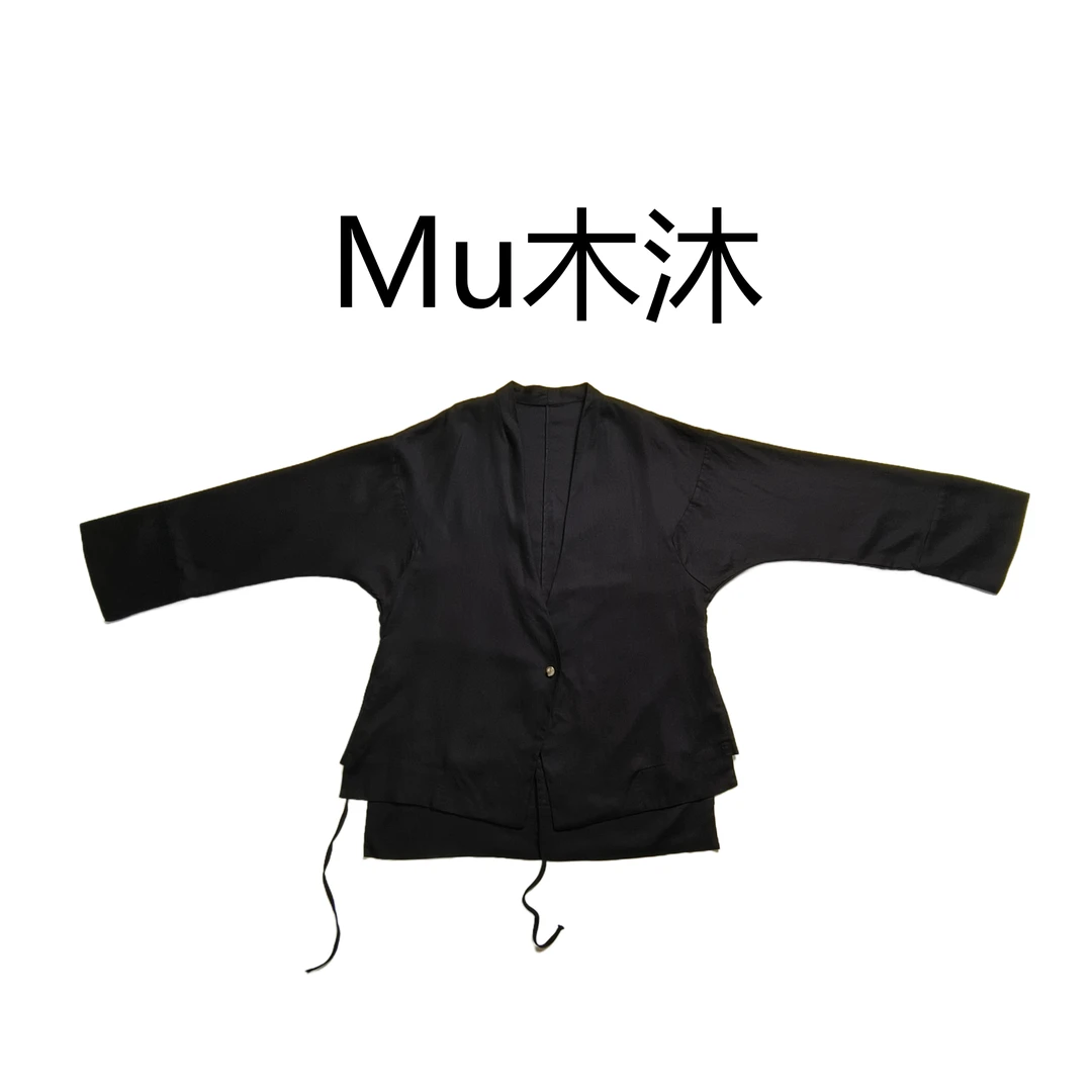 Mu木沐♠新品麻料V领贝壳扣飘带衬衫外套