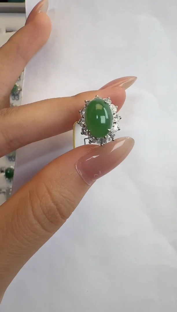 银S925镶嵌戒指翡翠通体925银镶缅甸A货翡翠戒指079