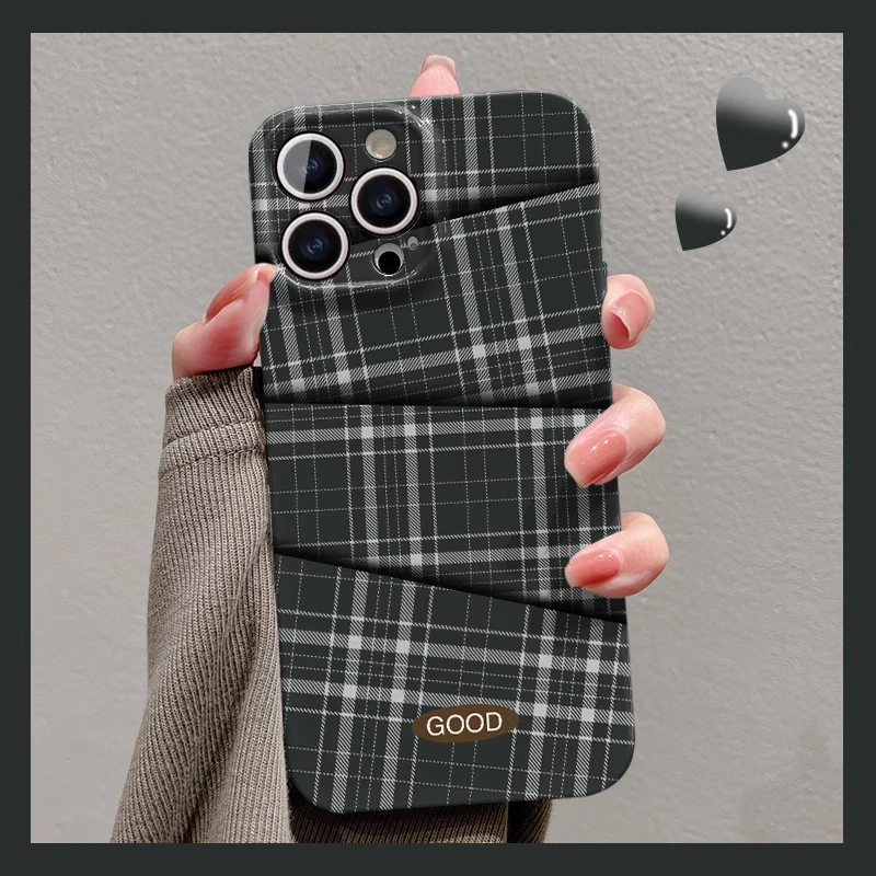 黑色不规则格纹适用苹果16手机壳华为个性vivo创意小米oppo菲林壳