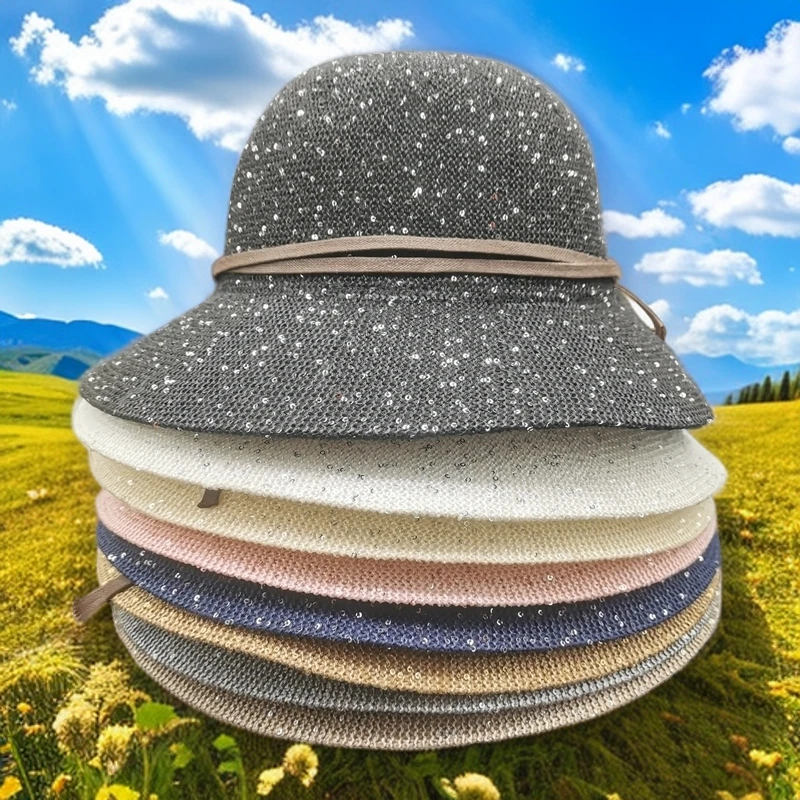 帽语®春夏秋 日韩简约透气亮片圈圈纱中沿遮阳帽草帽HSSS00008