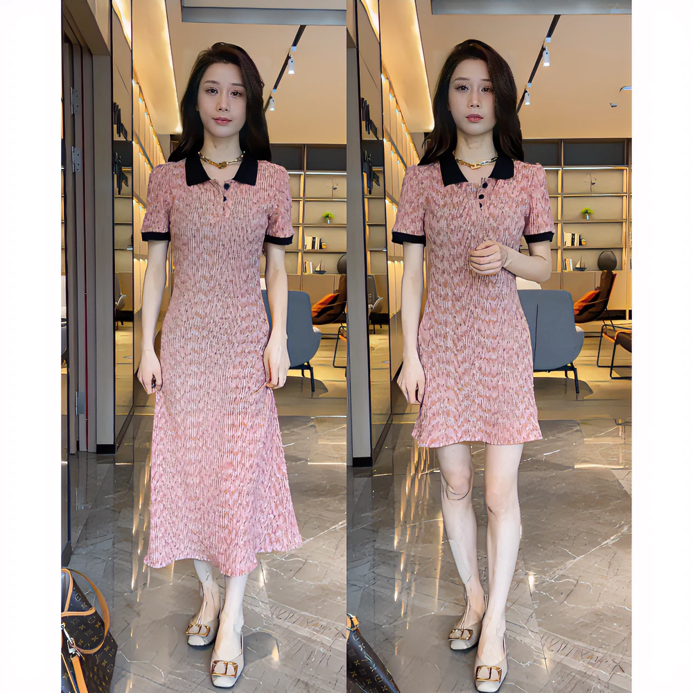 【梦婷家】辣妹风polo领撞色短袖连衣裙女夏甜美小个子-0223