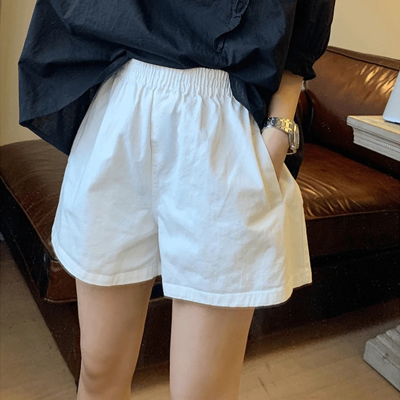 纯棉纯色夏新款高腰白色短裤女高腰休闲百搭a字显瘦宽松阔腿女款