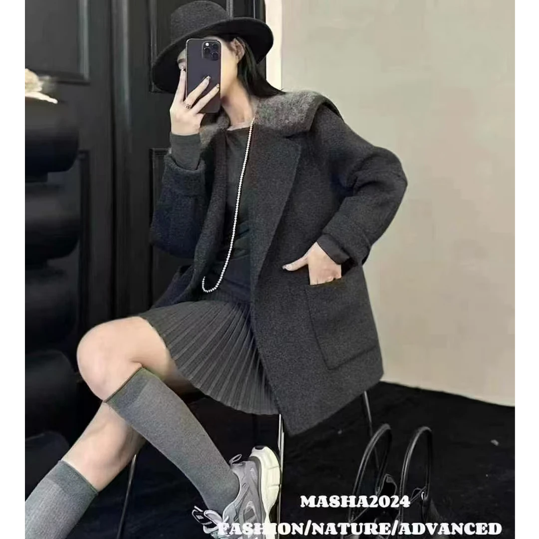 欧洲站海军领秋冬款品质女装韩系大衣双面呢减龄百搭外套