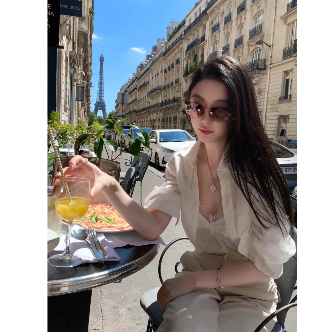 【昭和千金】夏季新款纯欲风别致假两件蕾丝衬衫上衣搭高腰显瘦长裤