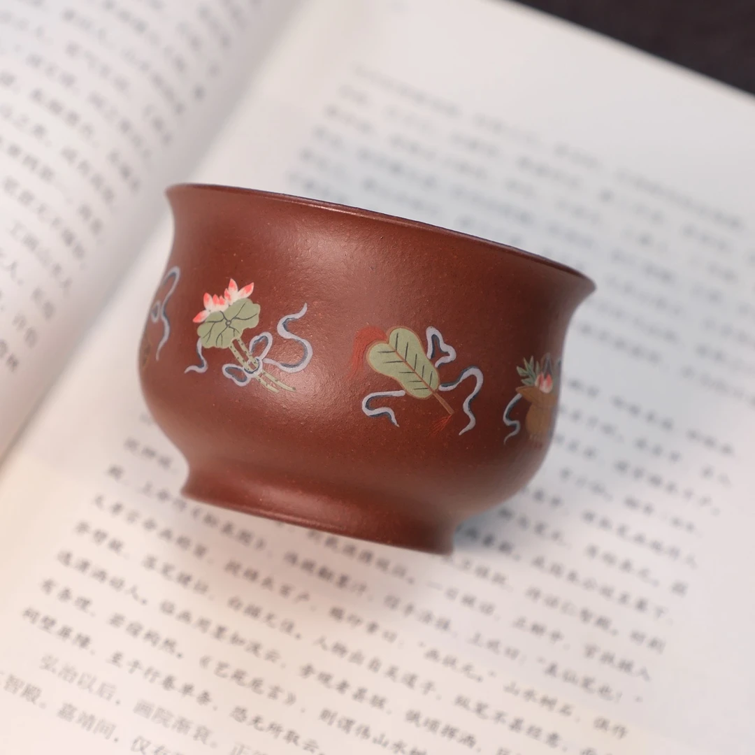 静心【传统纹饰】八宝纹杯 紫泥 130-140CC 暗八仙泥绘装饰手绘