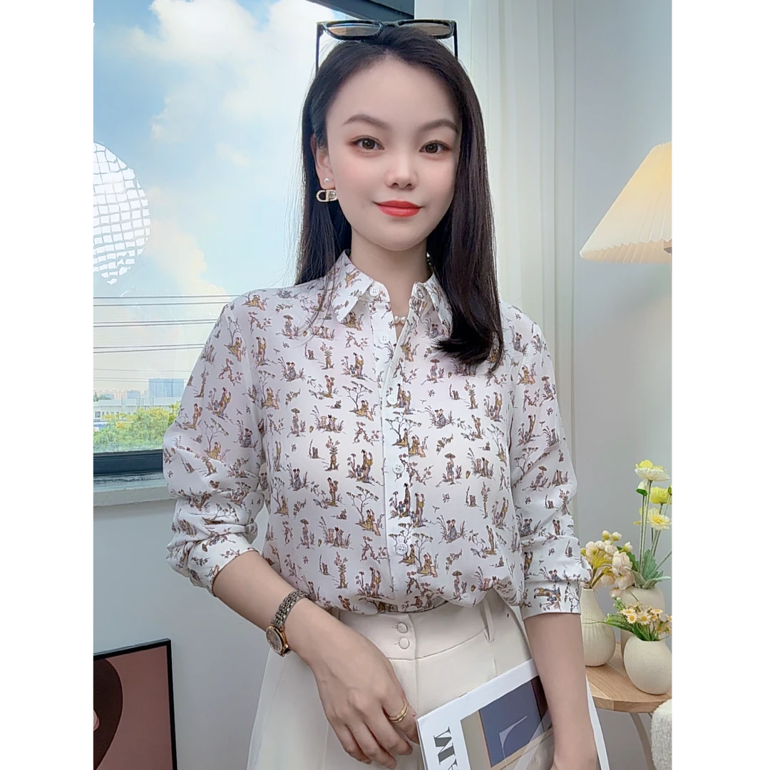 【灿灿】真丝桑蚕丝长袖衬衫女春秋新款时尚印花polo领女士职业上衣