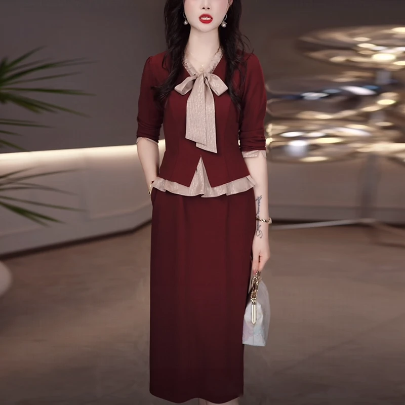 弹力精纺气质轻奢高级感女装2025秋季新款时尚洋气假两件连衣裙子