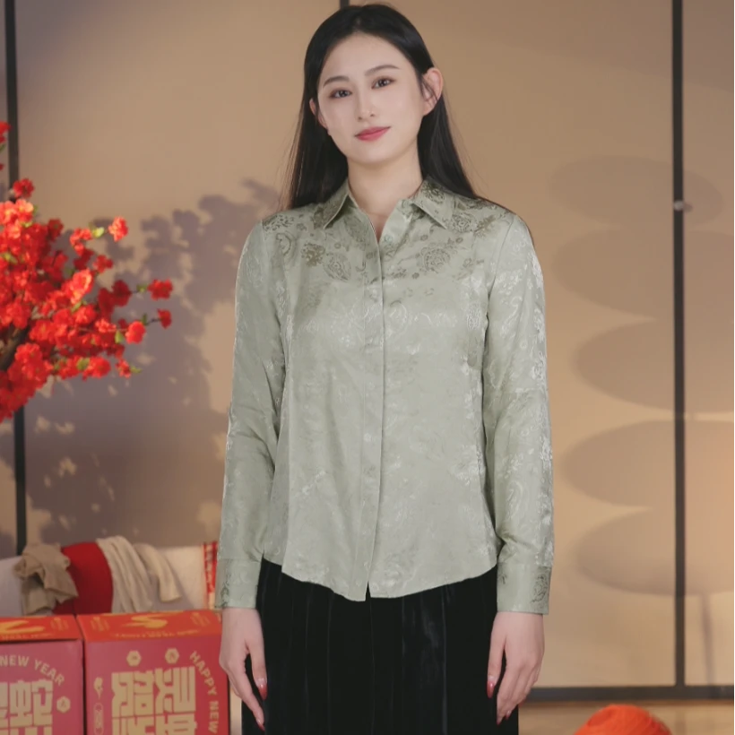 2025春款桑蚕丝衬衫女真丝提花花萝长袖上衣OL风通勤新款
