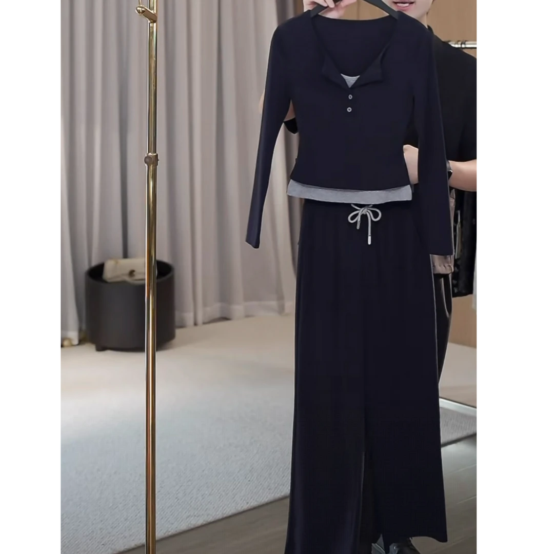 ins休闲极简时尚套装拼接假两件V领长袖T恤高腰系带休闲裤两件套