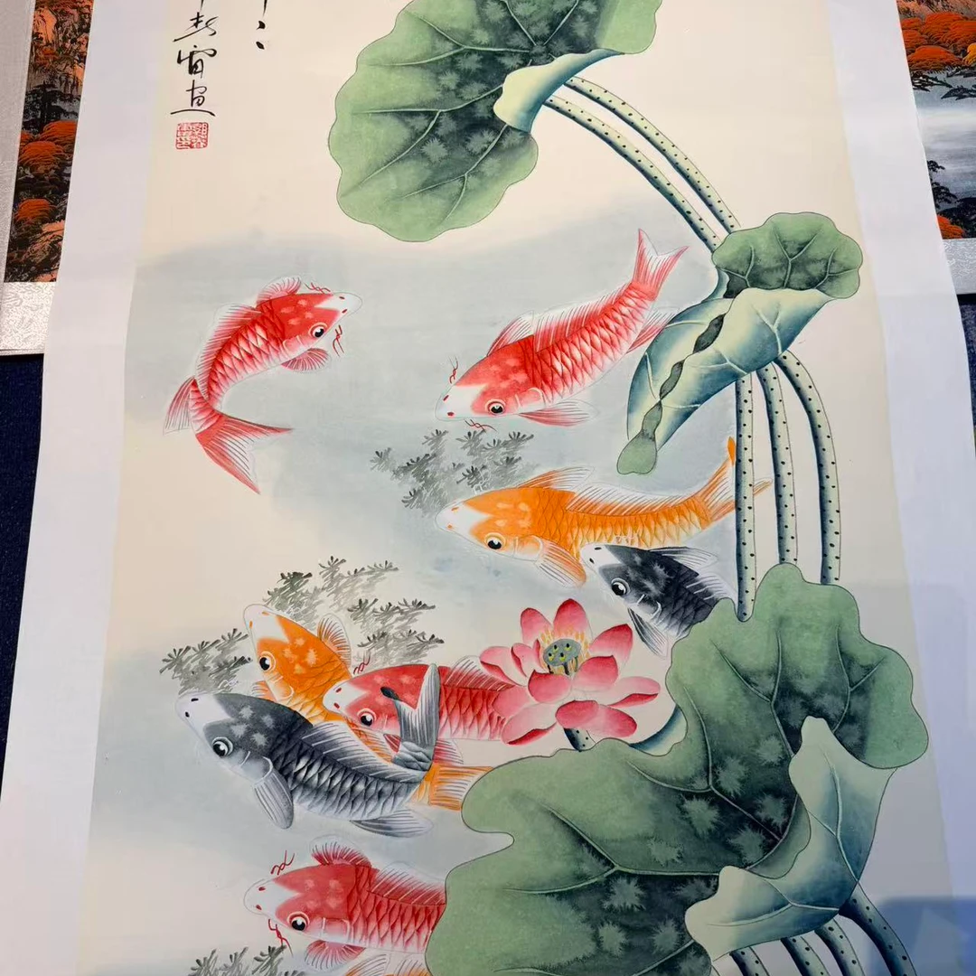 春雷手绘国画《九鱼图》，四尺宣纸作品