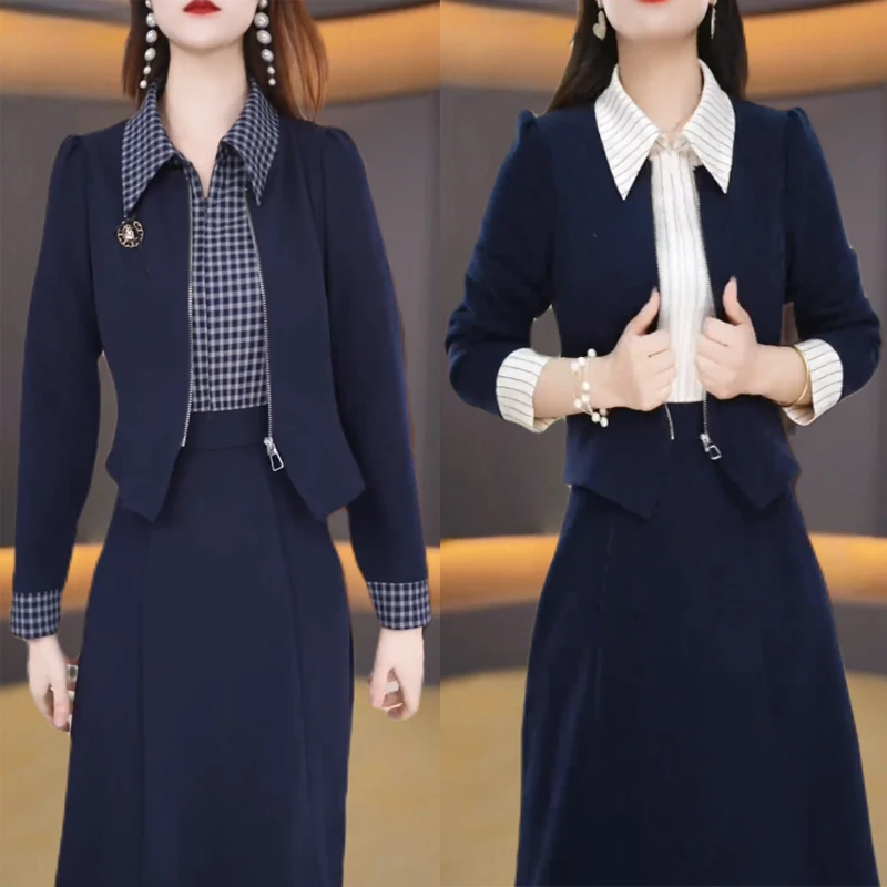 2026春秋新款翻领纯色修身减龄通勤长袖百搭拼接修身显瘦连衣裙子